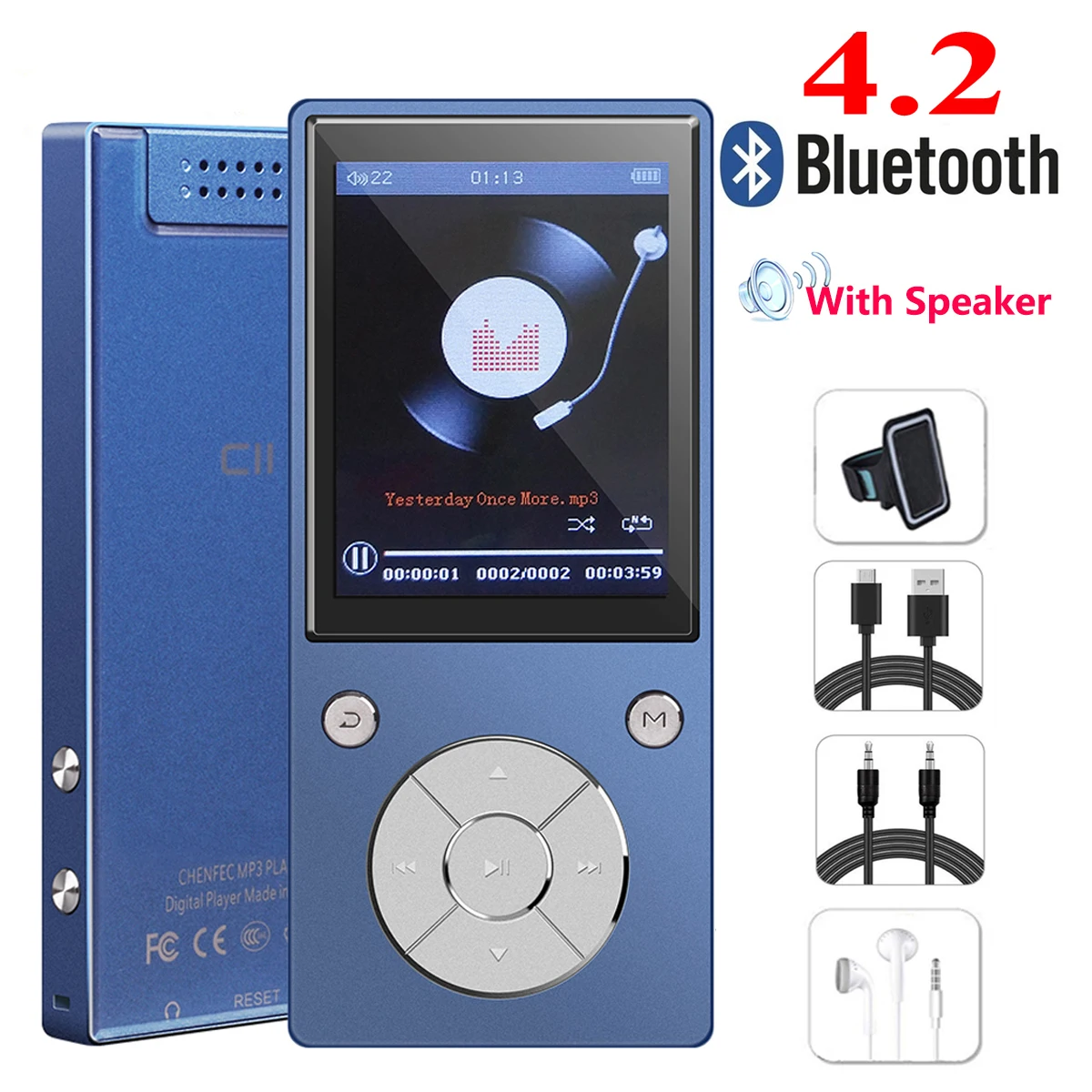 C11-Blue-full set mp3-плеер с шагомером, Bluetooth 4,2, встроенный динамик, металлический плейер с fm-радио, поддержка SD карты до 128 ГБ - Цвет: C11-Blue-full set