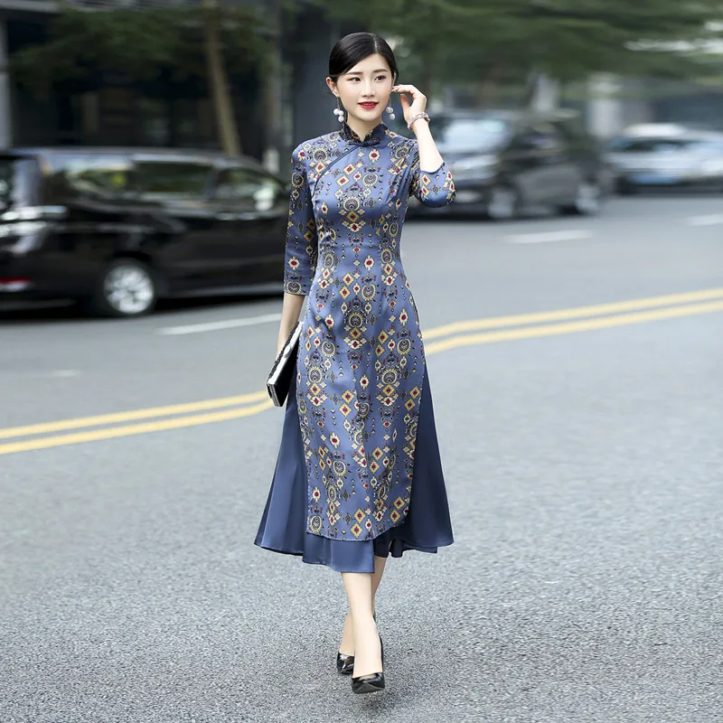 Весенние и осенние модели ретро Тонкое длинное платье Ципао Ao Dai