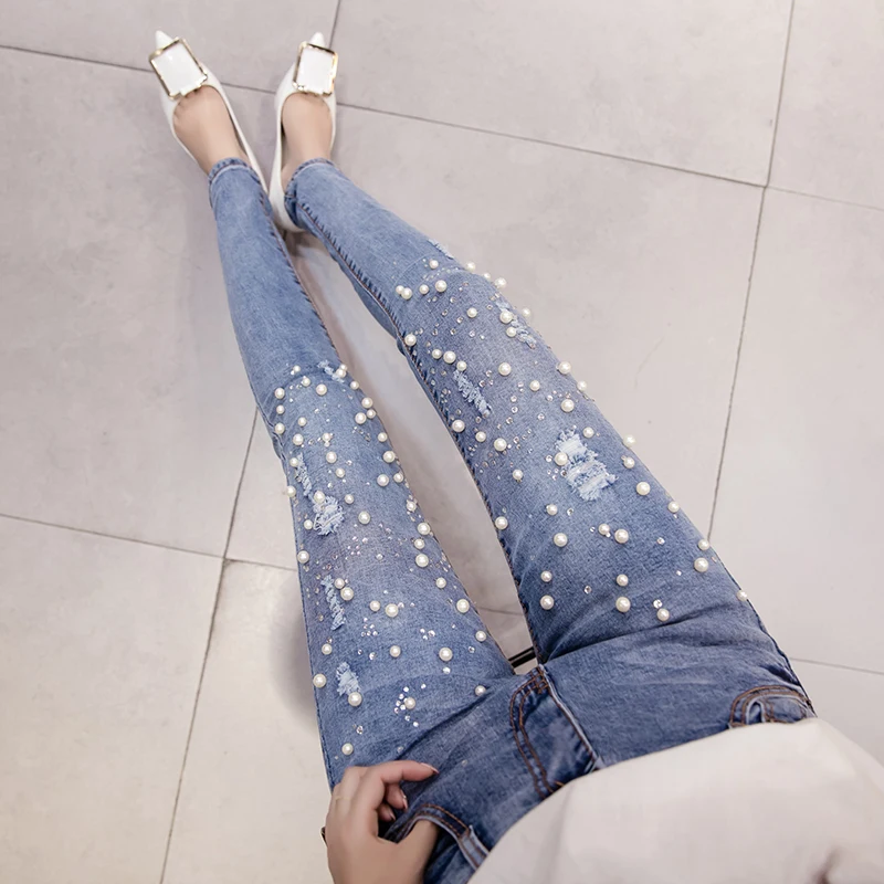 Джинсы женские с высокой талией узкие брюки из денима бусинами и жемчужинами
