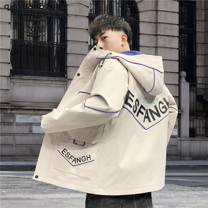 

Men's Jackets Cardigan Male New Medium Length Windbreaker Outwear Youth Student Techwear Hooded Print Coats Autumn Fashion 2021
