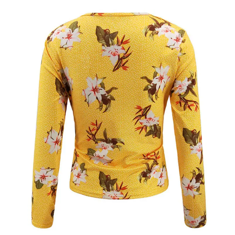 

Women Causal Floral Print Lace Up Long Sleeve Ladies V-Neck T-Shirt Tops Blouse