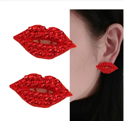 

2021 Fashion Trend Big Classic Luxurious Elegant Sexy Red Lip Rhinestone Stud Earrings for Women Jewelry Accessories