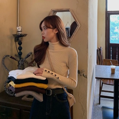 Casual Turtleneck Sweater Women Streetwear Fashion Knitted Button 2019 Autumn Winter Khaki Pullovers Tops | Женская одежда