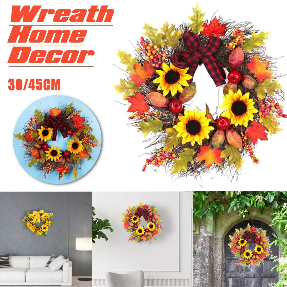 

30/45CM Christmas Artificial Sunflower Pumpkin Pine Cone Berry Maple Leaf Wreath Autumn Color Harvest String Door Garland Decor