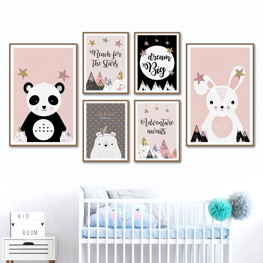 

Mountain Stars Cute Panda Bunny Bear Animal Wall Art Canvas Painting Nordic Posters And Prints Wall Pictures Kids Room Decor