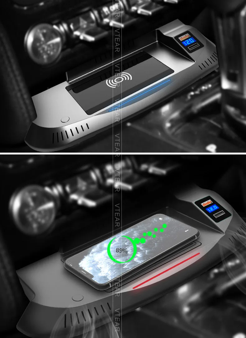 FIILINES Wireless Car Charger Fit for Ford Mustang 2015-2019 15W Faster Charging with USB Port Wireless Smart Phone Charging Pad FIILINES Wireless Car Charger Fit for Ford Mustang 2015-2019 15W Faster Charging with USB Port Wireless Smart Phone Charging Pad