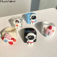 huanzhi 2021 new korean ins planet astronaut rocket animal patch square resin acrylic rings for women girls summer jewelry gifts