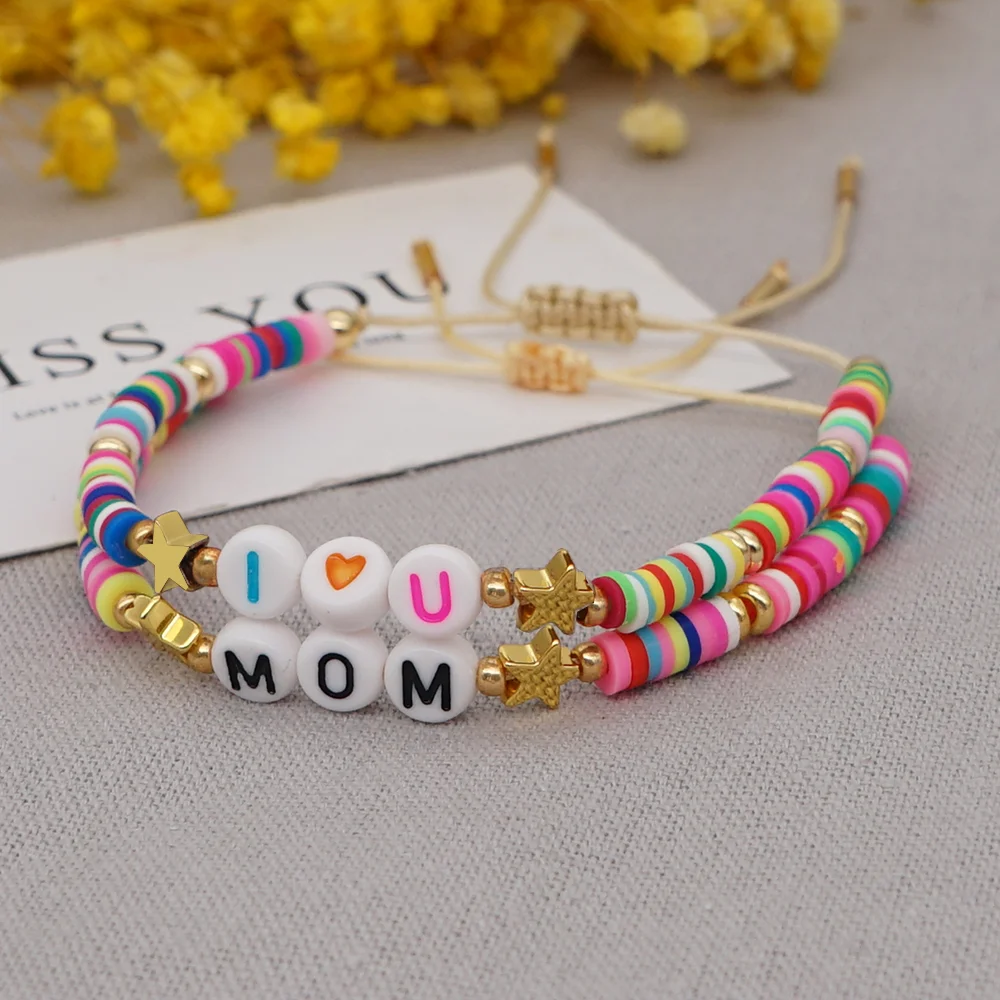 Браслет Shinus для женщин 2021 летние Браслеты Boho Полимерная глина Heishi Disc Beads Pulseras Letter MOM Star Jewelry - изображение