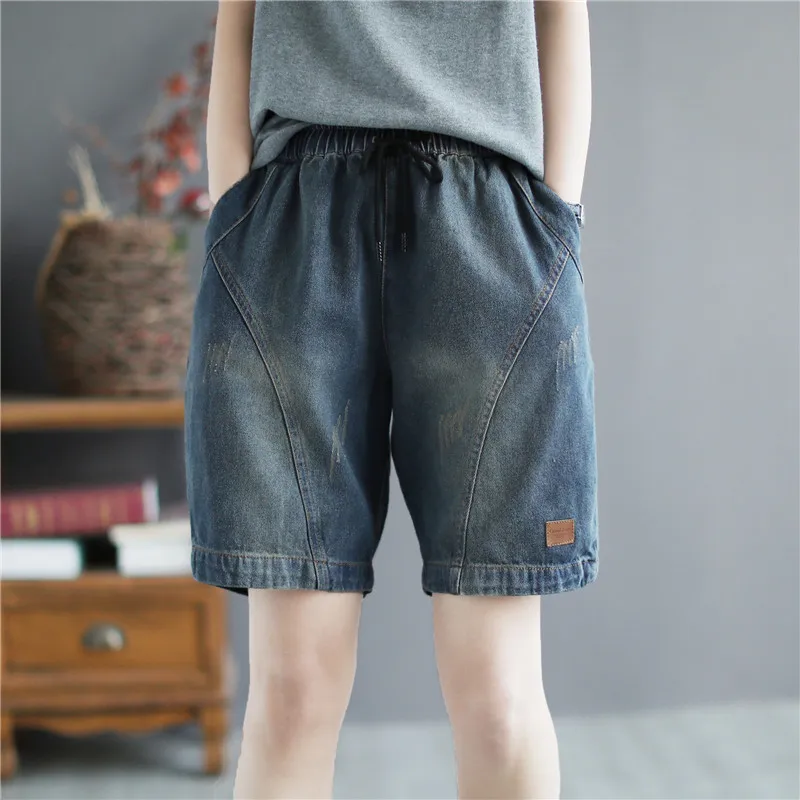 

Summer Denim Shorts Women Casual Patchwork Washed Ripped Vintage Elastic Waist Elastic-Waist Female Loose Baggy Jeans Fashion