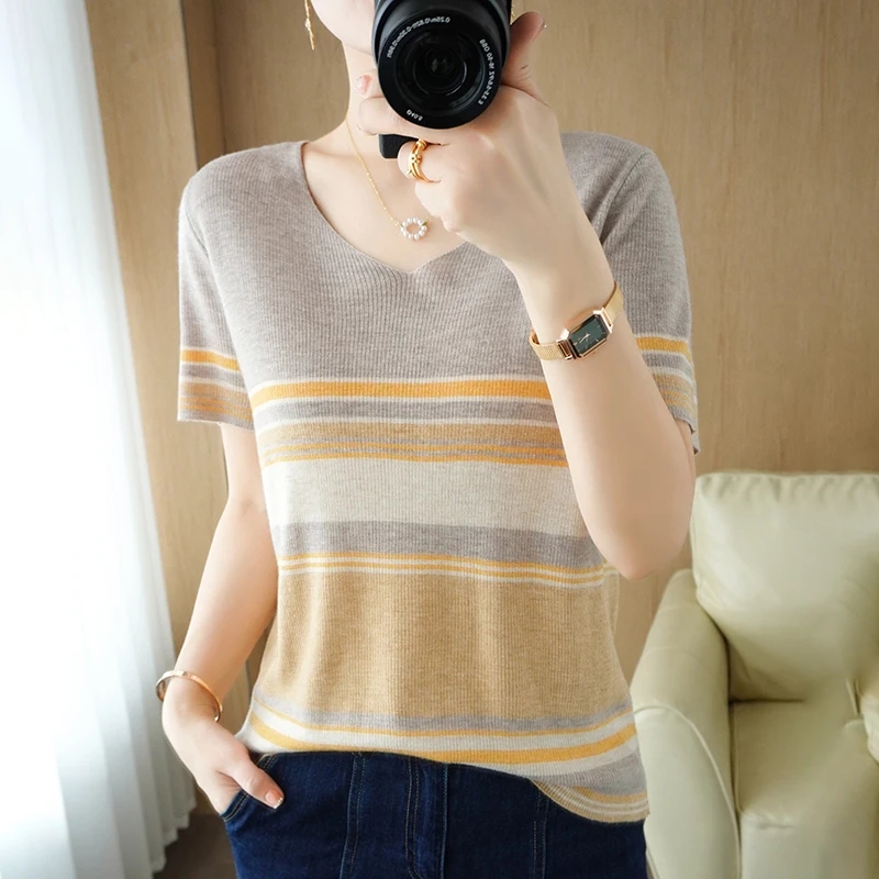 

Wool Women Sweater Summer Fashion Striped Elegant Delicate Korean Style Pullover Knitwear V-Neck Short Sleeve Office Lady Tops