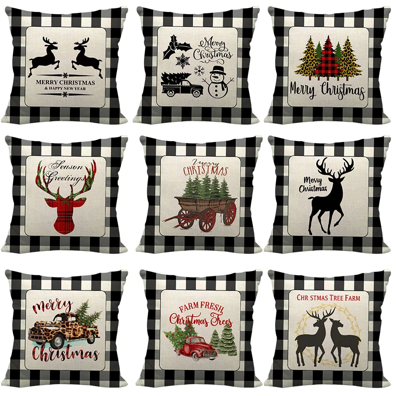 

1Pcs 45*45cm Polyester Pillowcases Black Grid Retro Englandstyle Merry Christmas Elk Printing Pillow Case Xmas Sofe Decoration