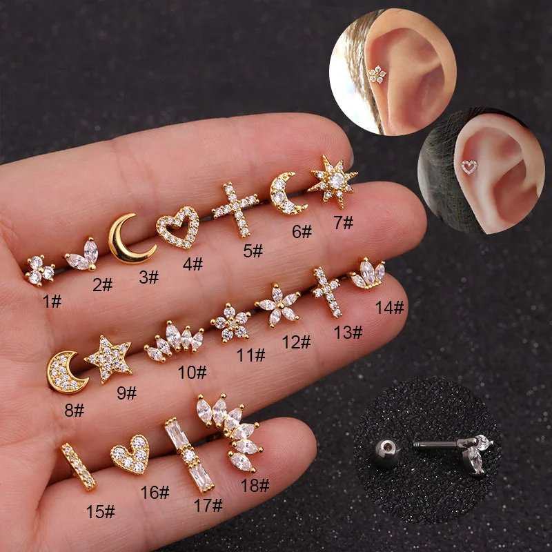 

Trendy Stainless Steel Earrings For Women Fashion Jewelry Zircon Star Heart Moon Cross Piercing Stud Earrings Girls Gift 1pcs