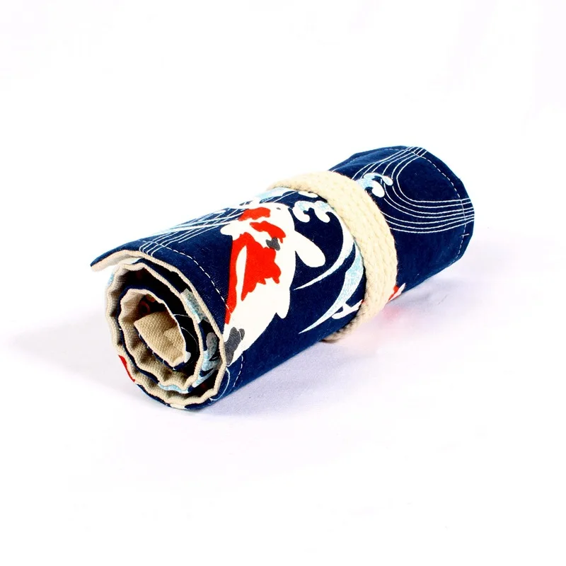 

New Koi Pattern 36/48/72 Holes Canvas Wrap Roll Up Pencil Bag Pen Case Holder Storage Pouch Writing Supplies