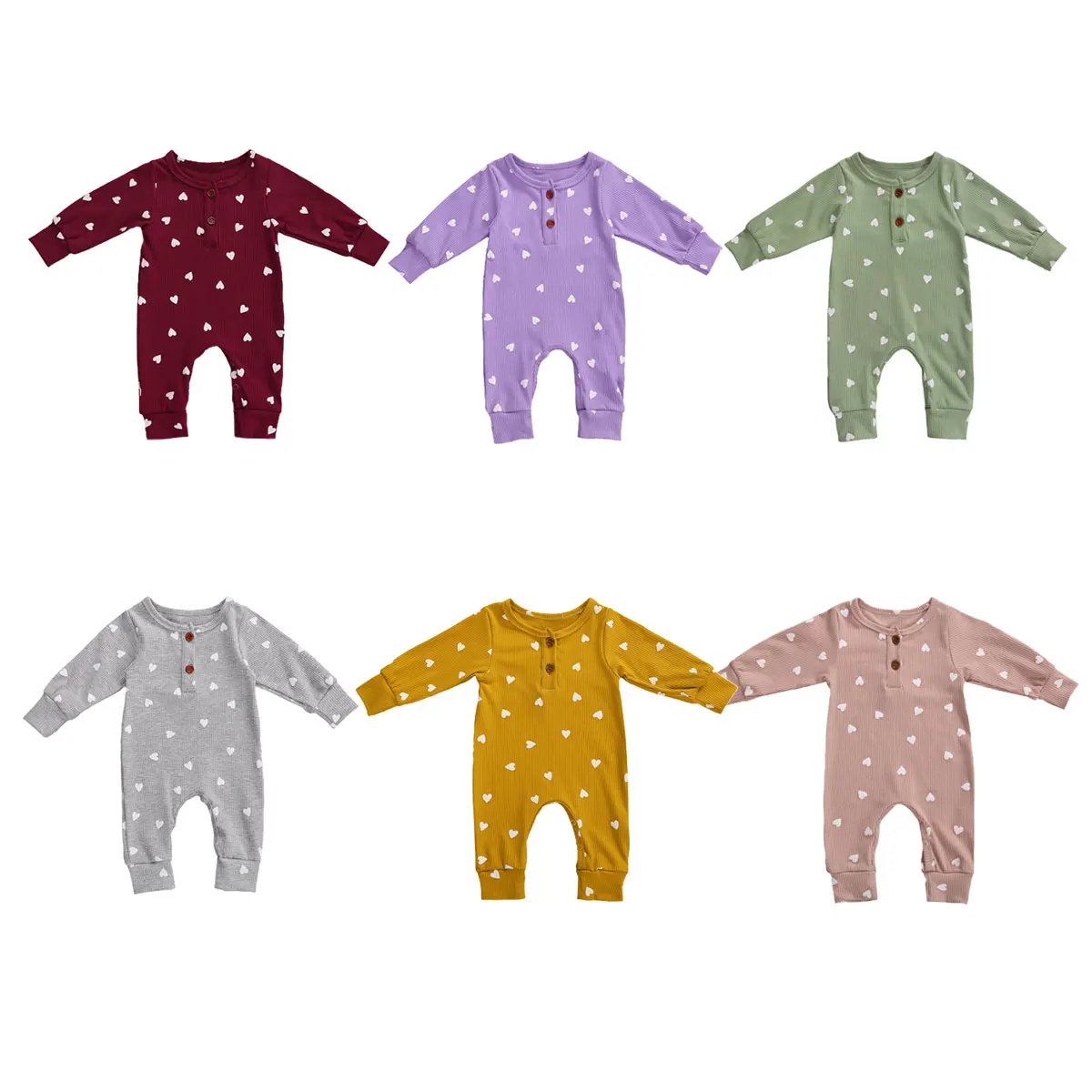 

Newborn Baby Long Sleeve Jumpsuit Romper Autumn Fresh Heart Print Two Buttons One Piece Long Pants Knitted Cotton Clothes