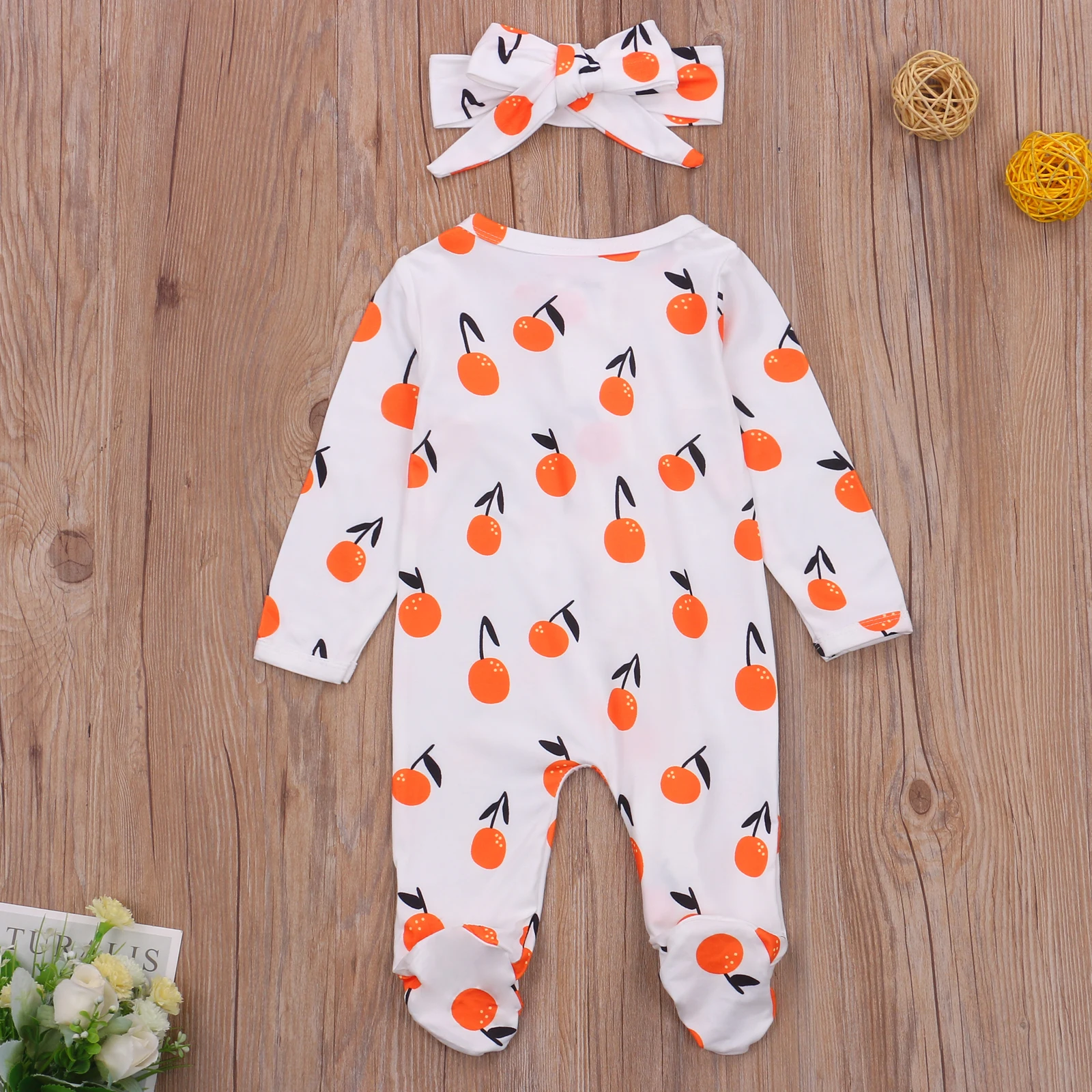 

Pudcoco 0-12M Infant Baby Girl Spring 2Pcs Set Cat/Floral/Orange Print Ruffled Zipper Long Sleeve Footie+Headband Newborn Outfit