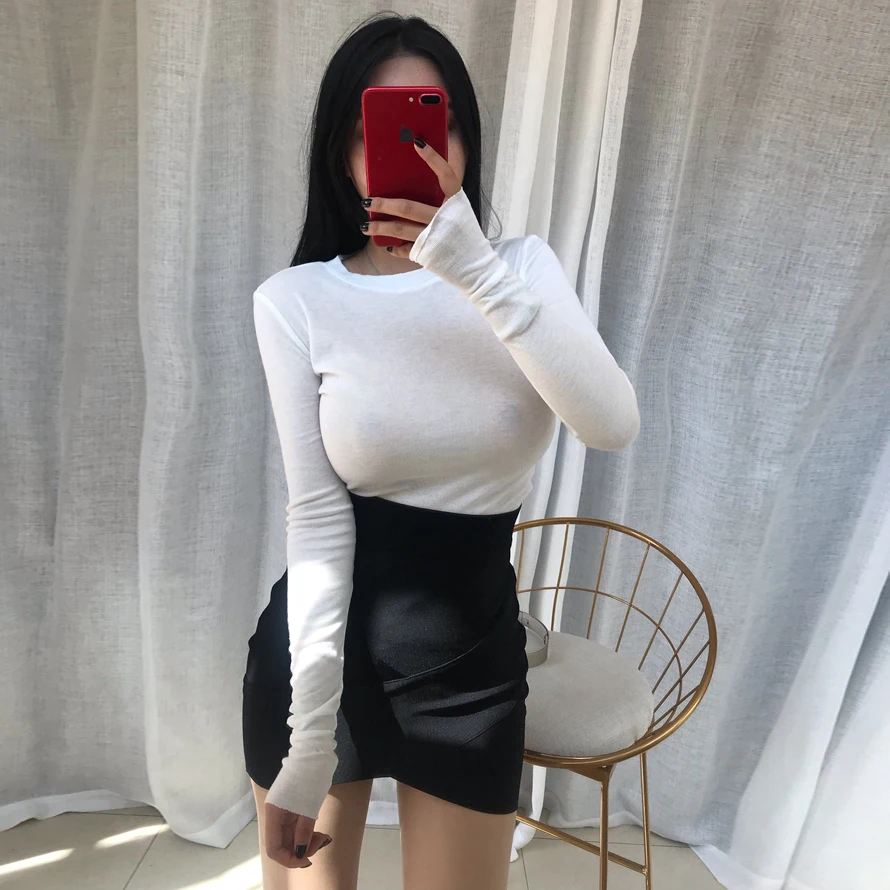 Женская Винтажная футболка осенняя облегающая мягкая Базовая с длинным рукавом