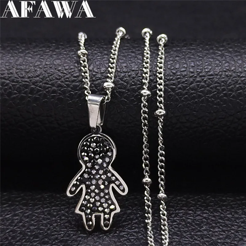 

Love Girl Stainless Steel Black Crystal Charm Necklace for Women Silver Color Chain Necklaces Jewelry collier femme N4876S01