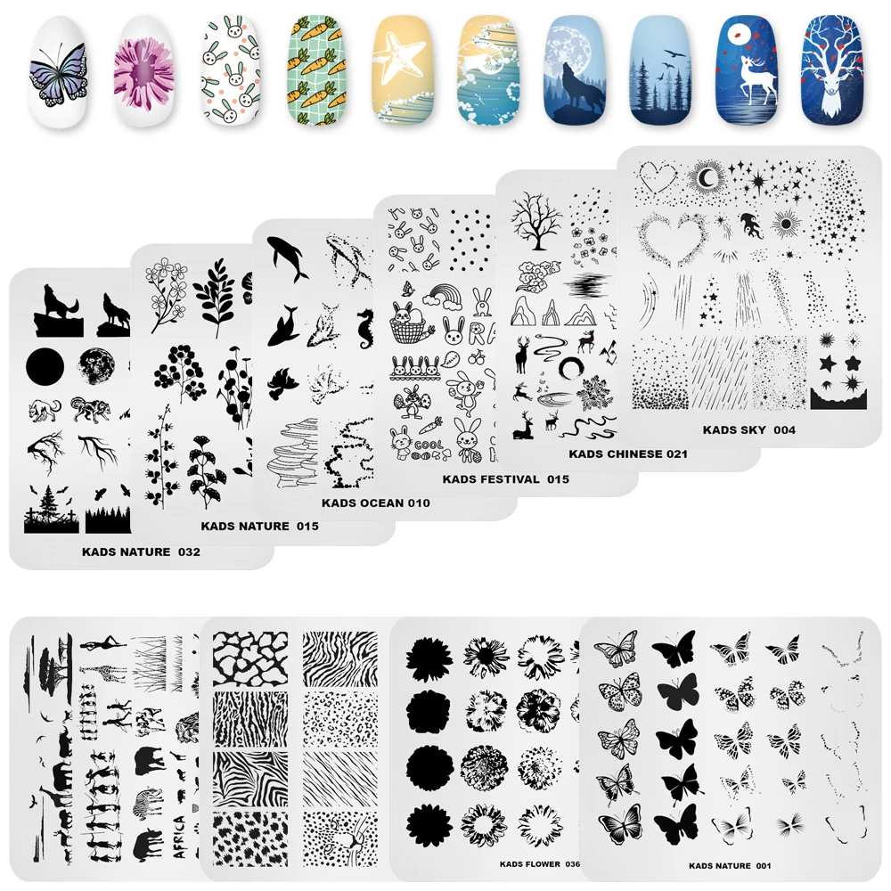 

KADS 10 PCS Nail Stamping Plates Set Nail Art Templates Plate Butterfly Flower Leaves Wolf Design Chinese Manicure Stencil Tool