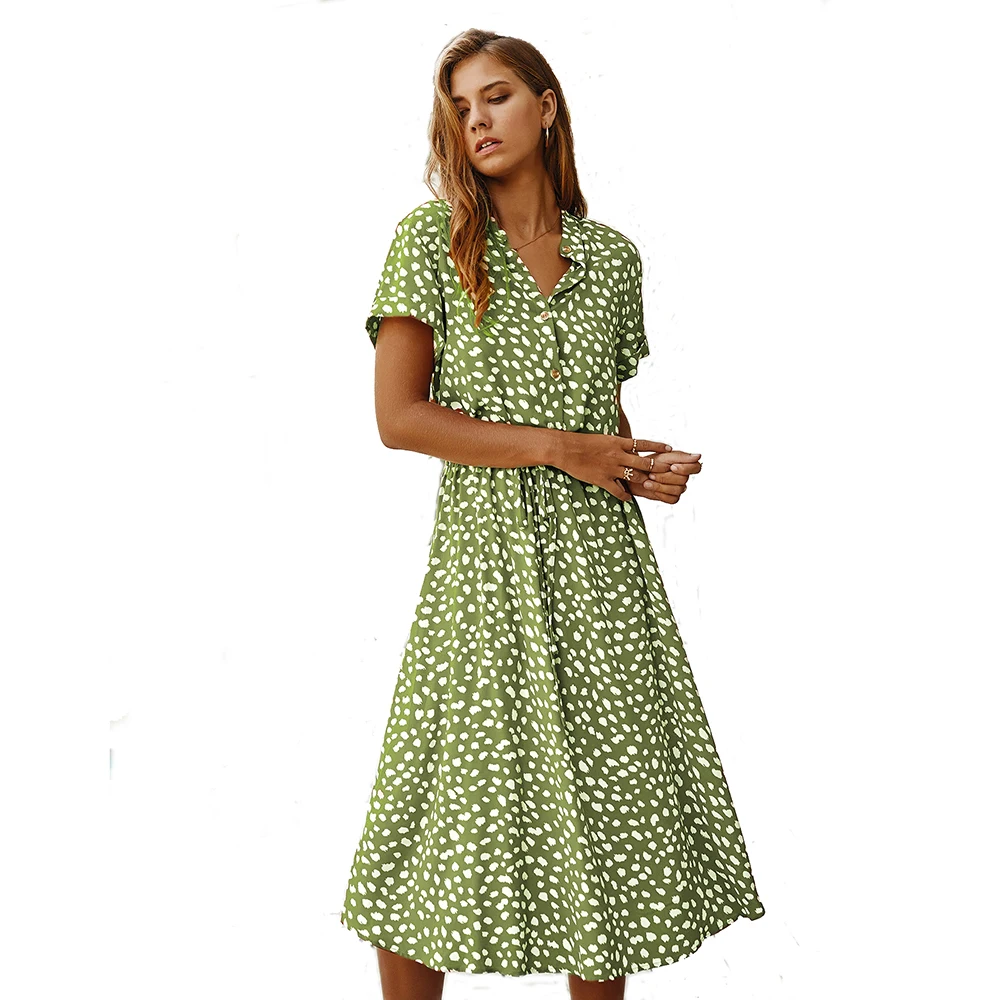 Платье рубашка женское в горошек модное хлопковое однобортное приталенное