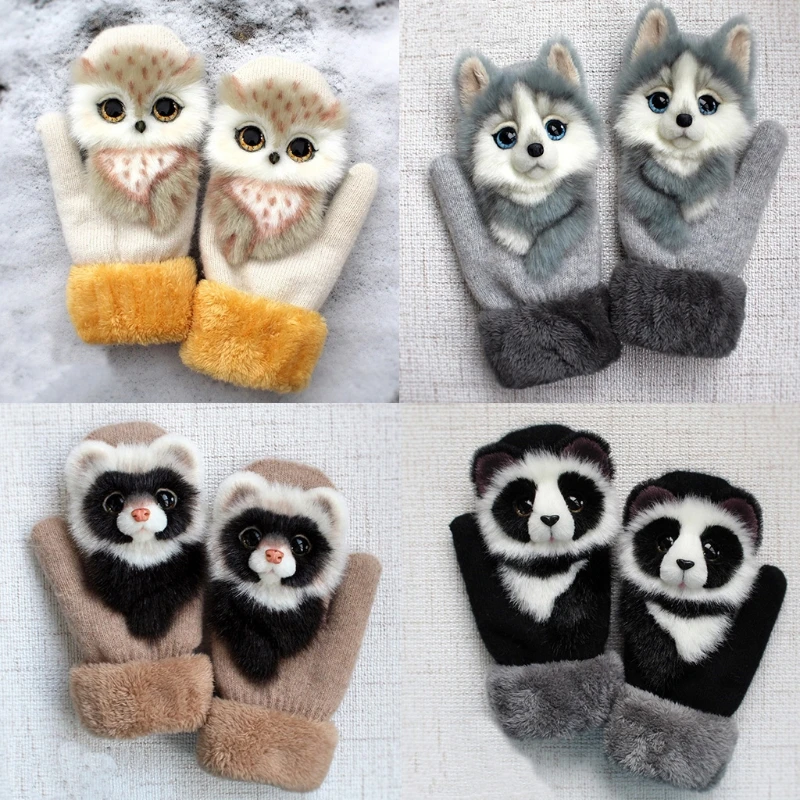 

Women Men Winter Knitted Gloves Cute 3D Fluffy Cartoon Animal Thermal Mittens X5XA