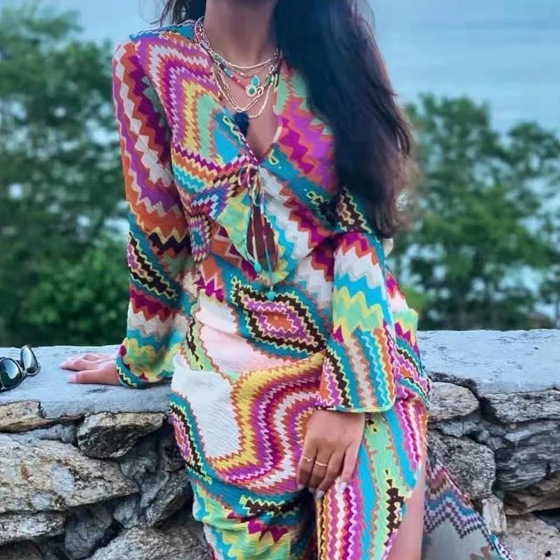 

Женское винтажное платье с разрезом сбоку, длинным рукавом и V-образным вырезом