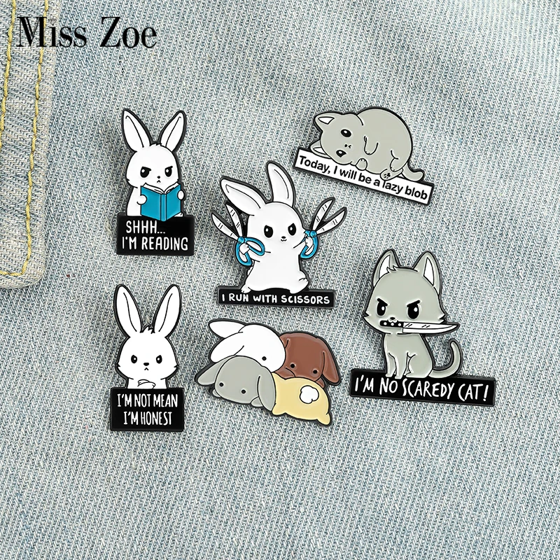 

Rabbits Park Enamel Pins Custom Book Scissors Bunny Cats Brooch Lapel Badge Bag Cartoon Animal Jewelry Gift for Kids Friends