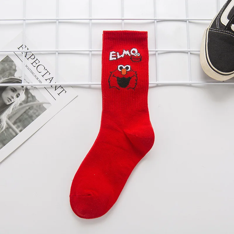 Women Socks Sesame Street Cartoon Cosplay Elmo Cookie Monster Funny Cute Kawaii Cotton Sock Long Sox Streetwear Woman Soks | Женская