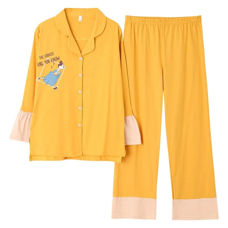 

Intimate Lingerie Long Sleeve Lounge Pajamas Suit Women Casual Autumn Nightwear Lapel Sleepwear 2PCS Sleep Set Cotton Loose