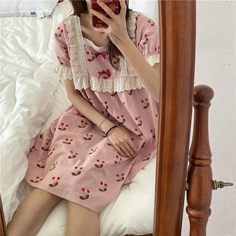 

Harajpee Homewear Dress Japanese Soft Pajamas Girl Sweet 2021 New Lace Cherry Print Short-sleeved Nightdress Summer Vestisdos