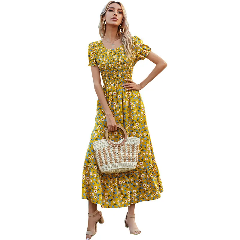 Женское пляжное платье с круглым вырезом длинное винтажное макси цветочным