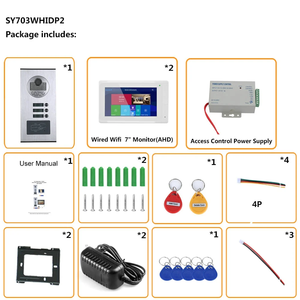 7inch Record Wired Wifi Video Intercom  2/3/6  Apartments with 2 Family RFID Doorphone System IR-CUT HD 1080P Doorbell Camera