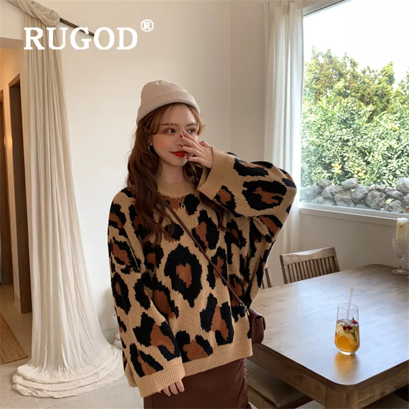 RUGOD 2019New женский леопардовый вязаный свитер с круглым вырезом свободный пуловер