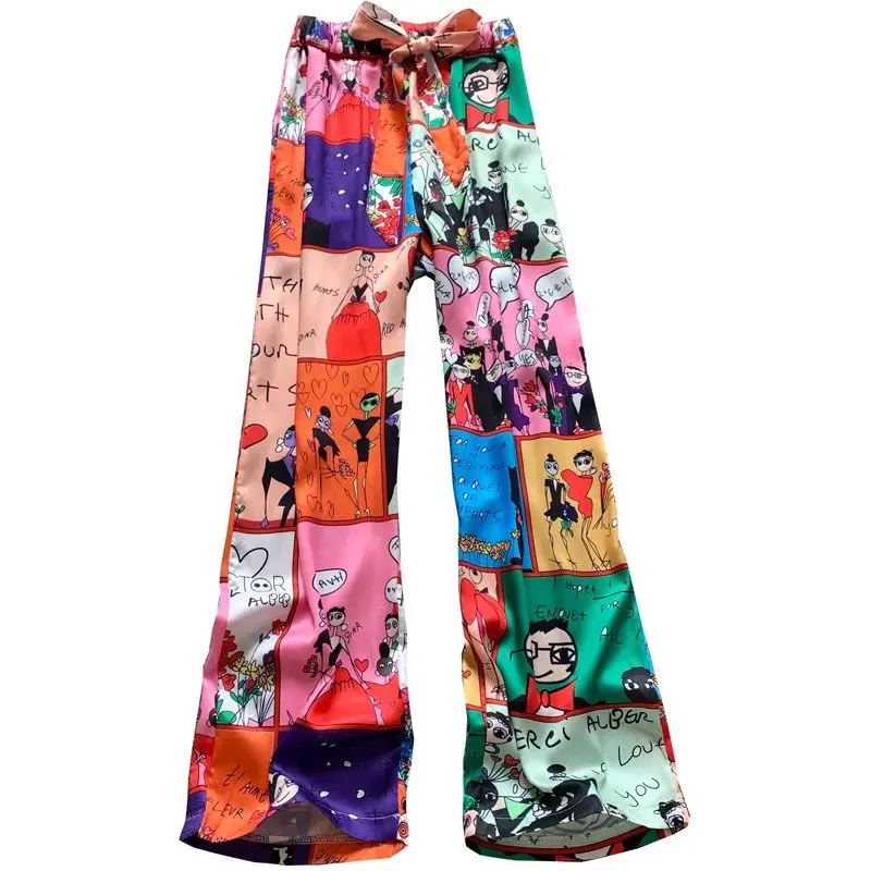 

3XL Plus Size Lady Summer Long Pants New Thin Print Wide-Leg Pants Women Cartoon Drape Satin