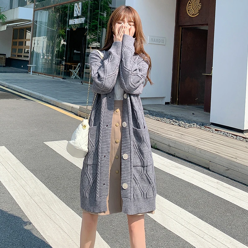 

Vintage Sweaters Women Long Knitting Cardigans Autumn Winter Long Sleeve Solid Single Breasted College Twisted knitted jacket