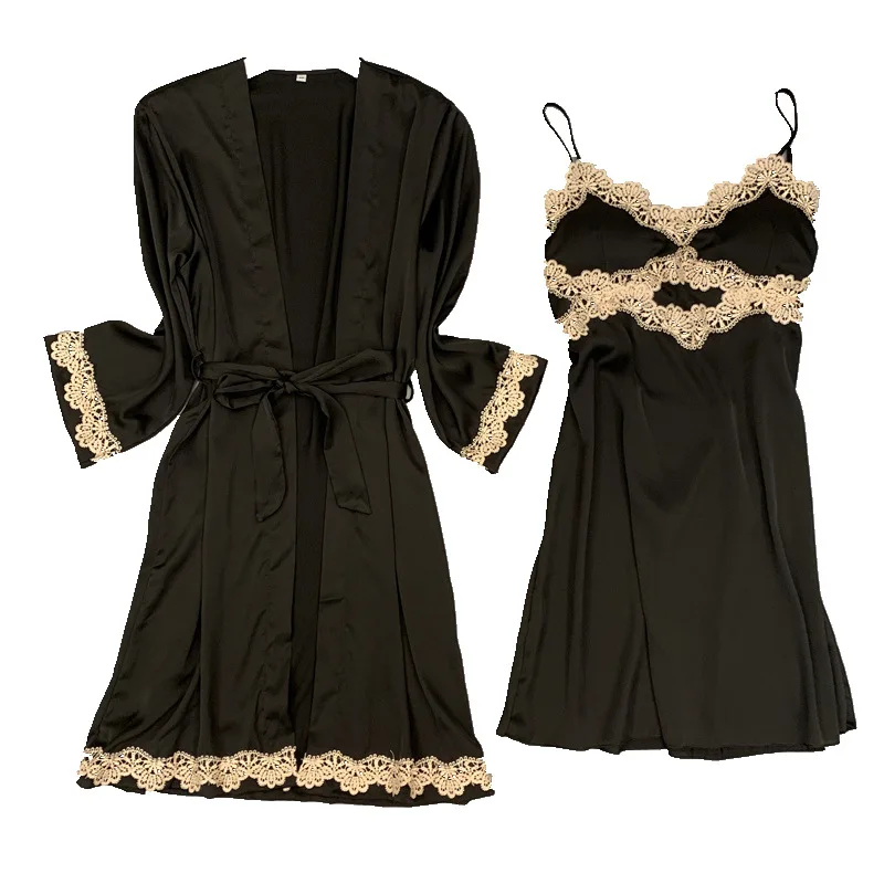

New Sling Pyjama Nightgown Two-Piece Female With Chest Pad Sexy Lace Nightwear Ice Silk Thin Section Sexy Sleepwear Lingerie