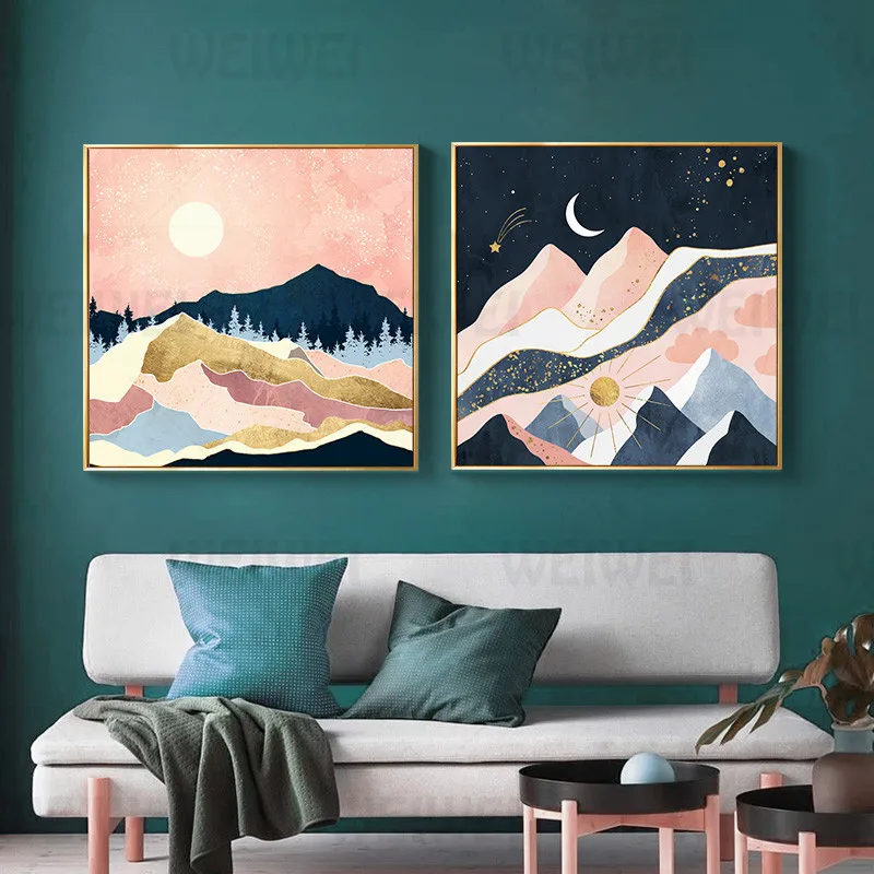 

Stacked Mountains and Sun and Moon Home Decoration Painting Golden Embellishment Canvas Poster Living Room Wall Bedroom Decor