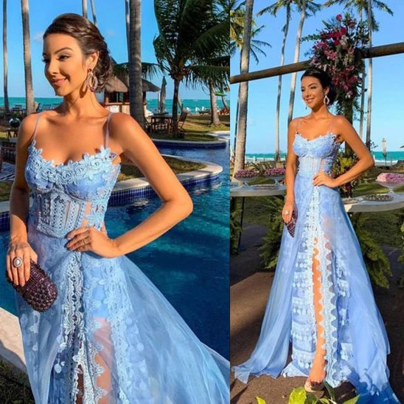 

Sky Blue Elegant Prom Dresses Long Split Tulle A-Line Spaghetti Strap Lace Appliques Formal Women Dress Evening Party Gowns