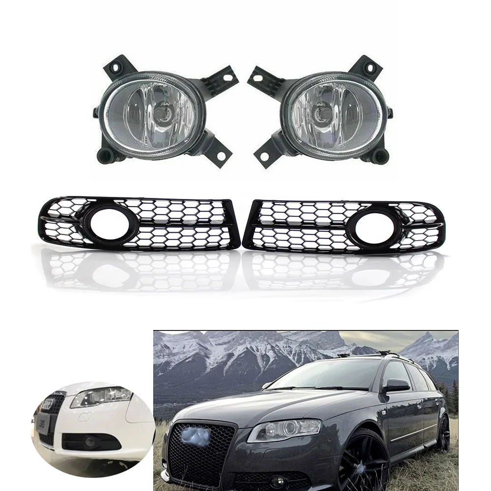 Car Fog Light + Fog Lamp Grille Fit For Audi A4 B7 / S4 / A4 S-Line 2005-2008