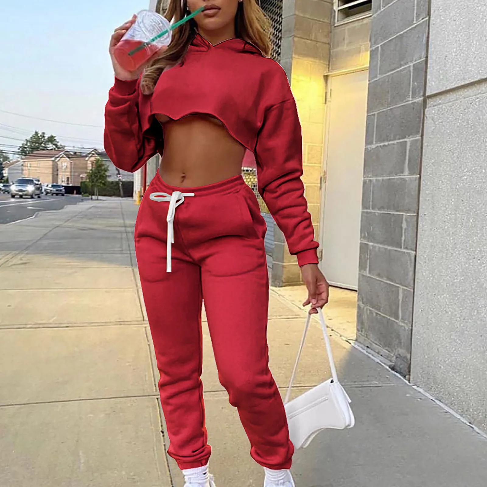 Свитшот женский с капюшоном однотонный брючный костюм длинным рукавом