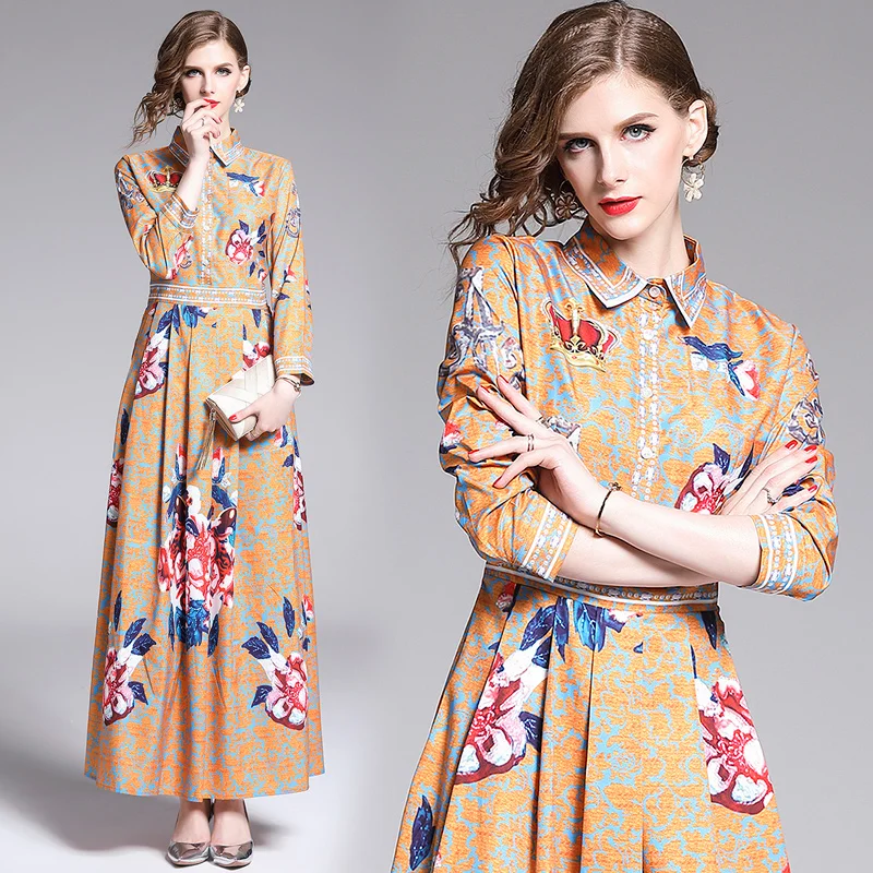 Осеннее платье макси с отложным воротником в стиле бохо для женщин повседневные