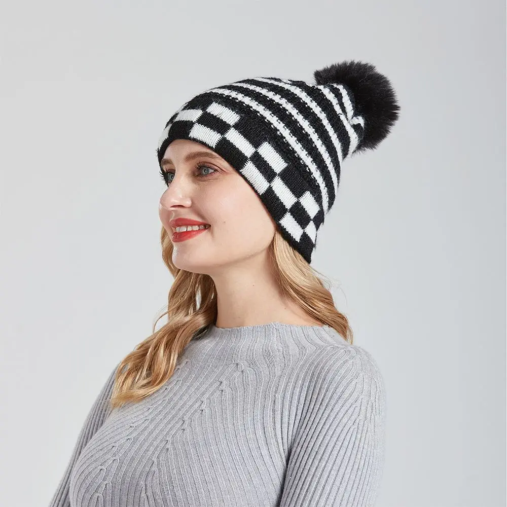 

New Fur Pompom Hat Stripes Checkerboard Grid Knitted Hats With Plush Ball Women Warm Elasticity Cap