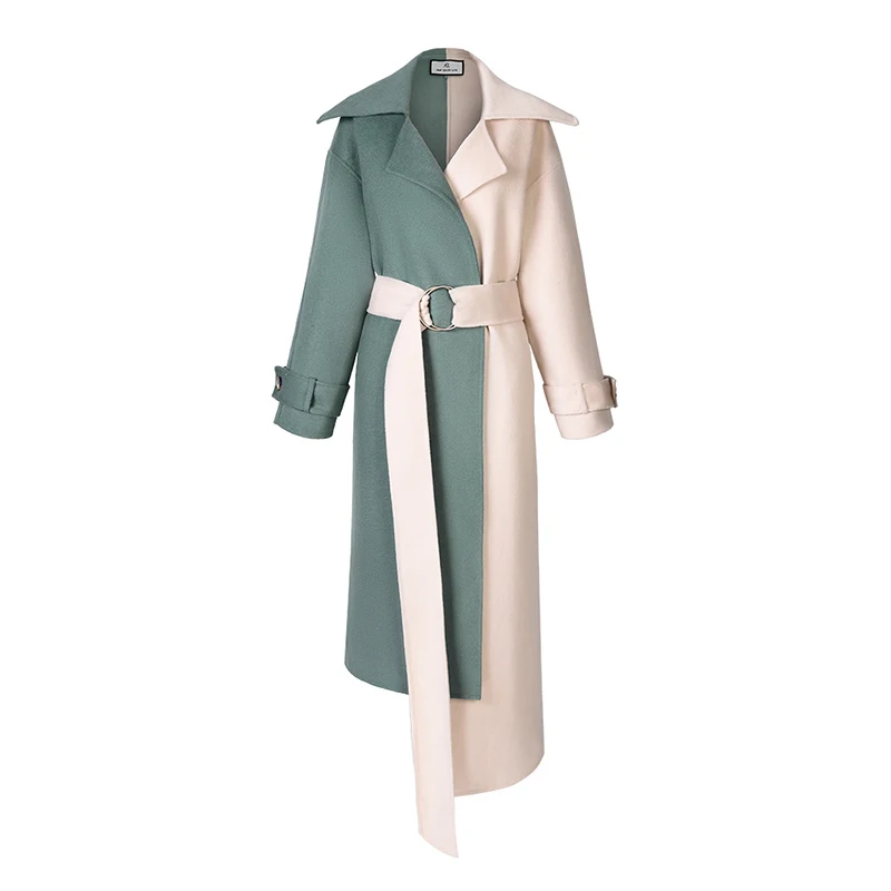 

AEL Patchwork Double Faced Woolen Coat For Women Warm Hit Color Lace Up Irregular Hem Midi Loose Female Overcoat Winter 2019