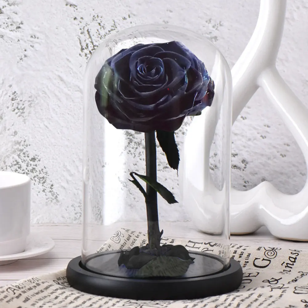 black rose Искусственные цветы, красные розы, украшение, красота и чудовище, со стеклянным куполом, деревянная основа, искусственные цветы на год, подарки на день Святого Валентина - Цвет: black rose