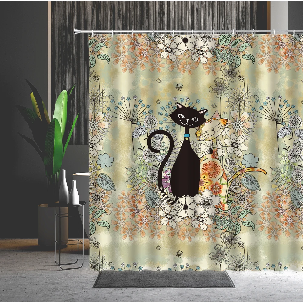 

Cartoons Shower Curtain Cat Flower Green Leaf Creativity 3D Printing Waterproof Bathtub Decoration Child Bath Curtains With Hook