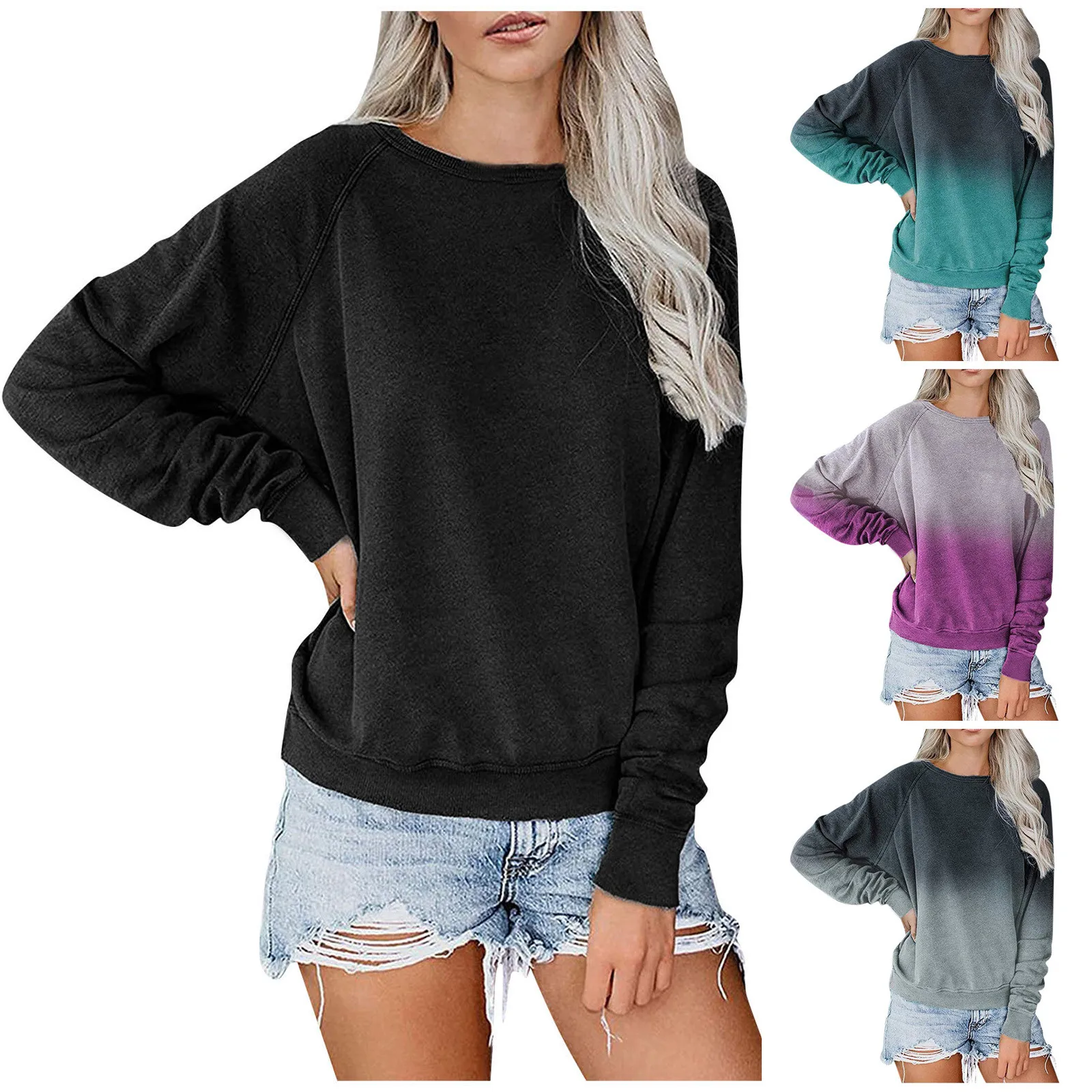 

New Solid Sweatshirts Black Tops Sudadera Mujer Women Plus Size Tie-dye Gradient Pullover Long Sleeve Sweatshirt