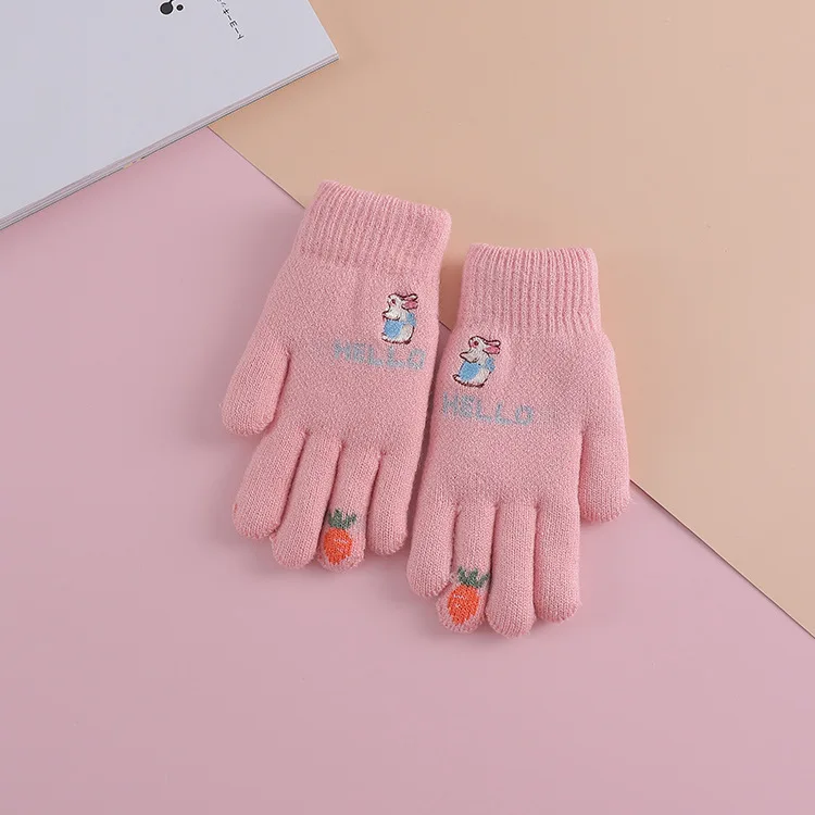 pink Высококачественные зимние детские теплые вязаные перчатки с пальцами для девочек, двухслойные бархатные перчатки для детей, От 5 до 8 лет - Цвет: pink