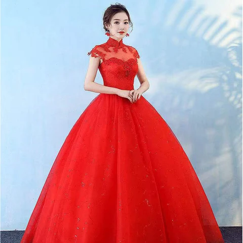 Wedding Dresses Illusion High Sleeveless Tulle Lace Backless Embroidery Crystal Sequined Floor-Length Red Women Bride Gown GB317