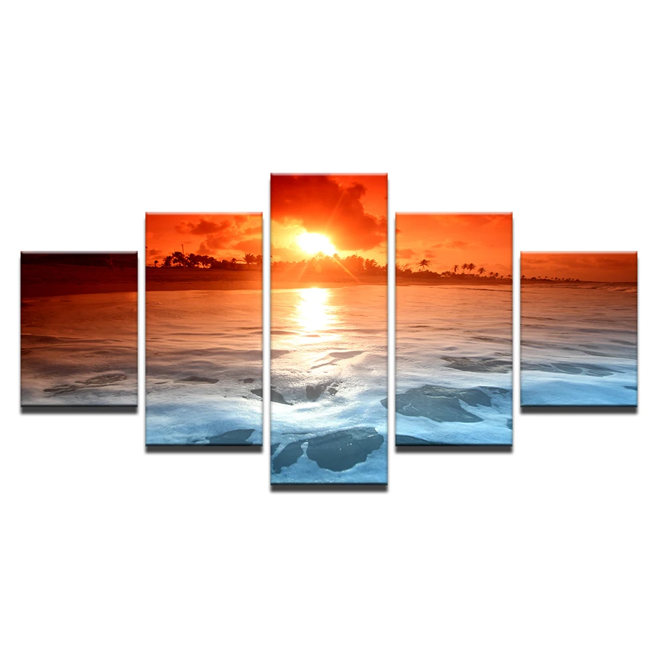 

Canvas Pictures Home Decor Framework 5 Pieces Sunset Glow Tinted The Sky Red Paintings Beach Sea Waves Seascape Poster Wall Art