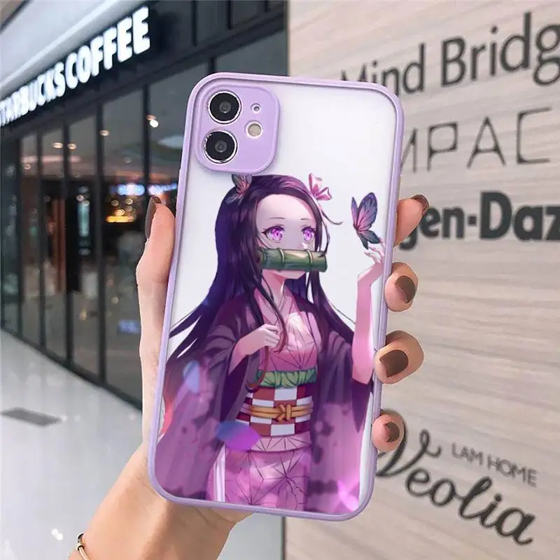 

Kimetsu No Yaiba Demon Slayer Phone Cases Matte transparent For Purple iPhone 12 Mini 11 Pro XR XS Max 7 8 Plus X Back Cover