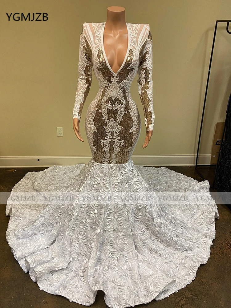 

Длинное платье-Русалка для выпускного вечера, с V-образным вырезом и длинным рукавом